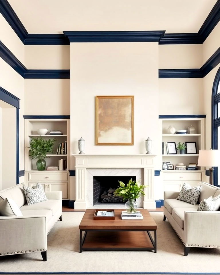 cream walls with navy trim for living room - 25 Navy and Cream Living Room Ideas