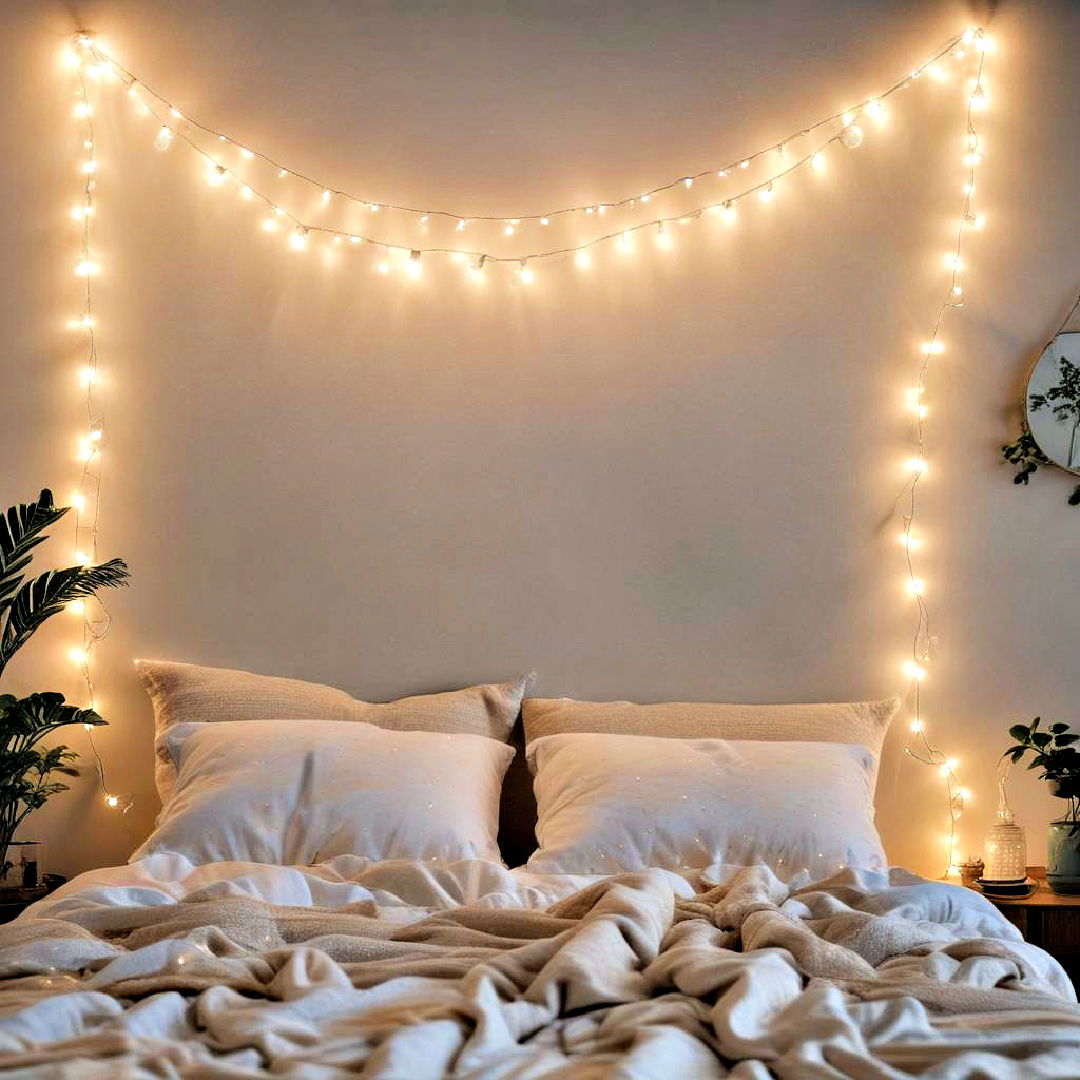 create a magical atmosphere with fairy lights - 40 Boho Bedroom Ideas