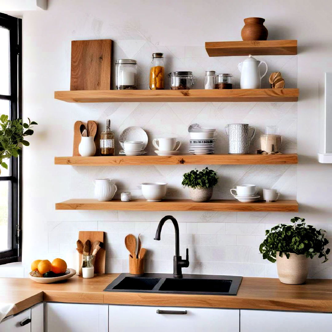 create clean look with floating shelves - 40 Modern Kitchen Ideas