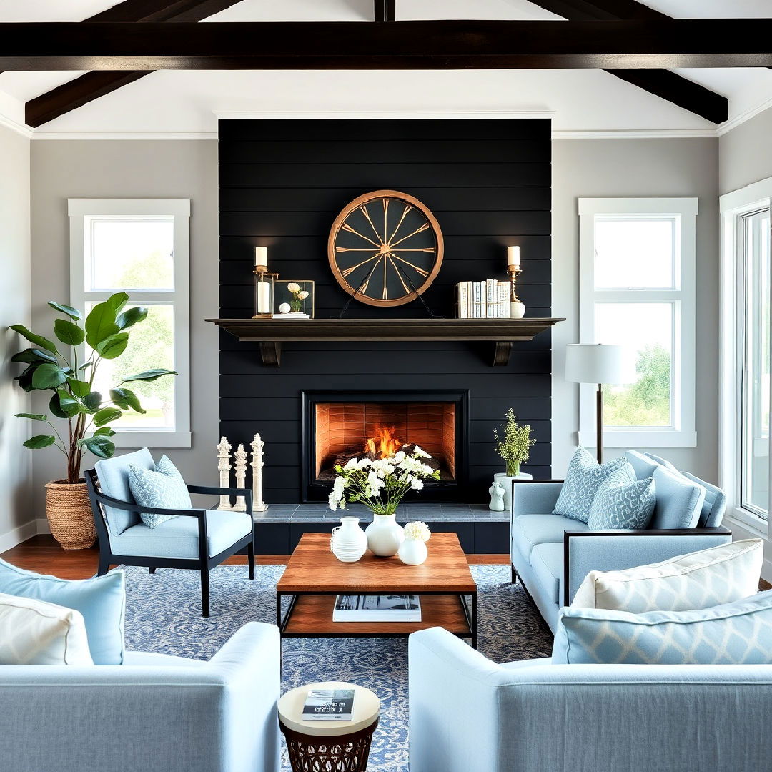 create coastal inspired look - 40 Black Shiplap Fireplace Ideas