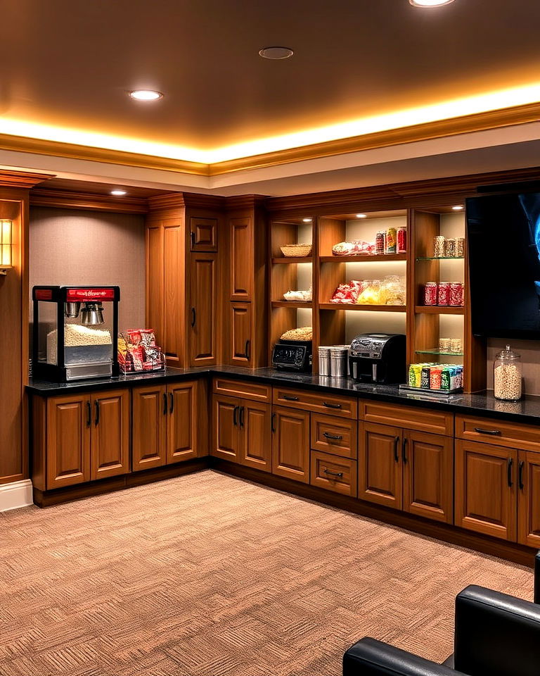 create custom popcorn bar - 25 Basement Home Theater Ideas