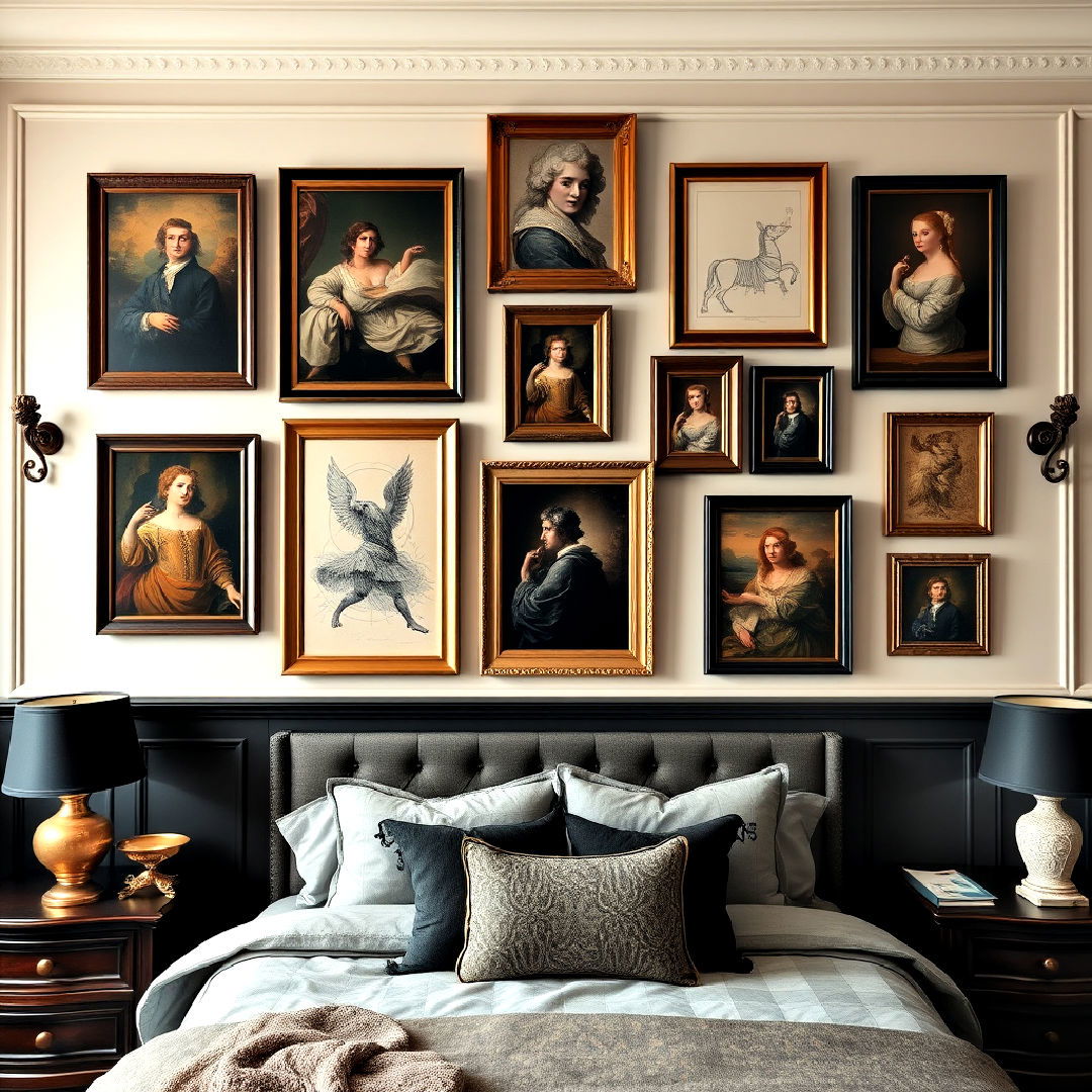create gallery wall with classical art - 25 Dark Academia Bedroom Ideas