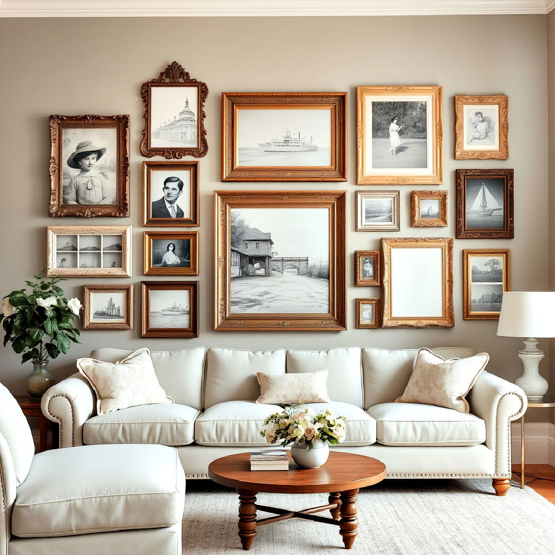 create gallery wall with vintage frames - 25 Shabby-chic Style Living Room Ideas