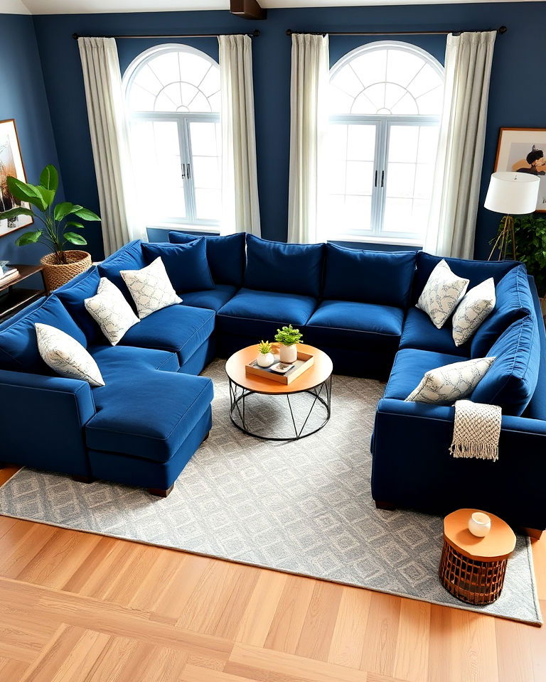 create navy blue gallery wall - 25 Navy Blue Living Room Ideas
