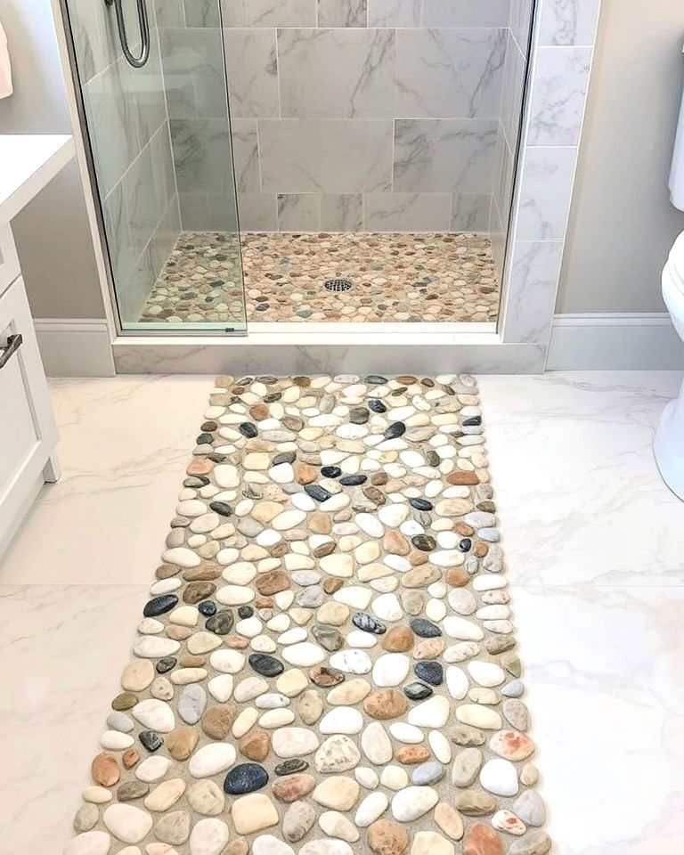 create pebble tile pathway leading to the shower - 20 Pebble Tile Bathroom Ideas