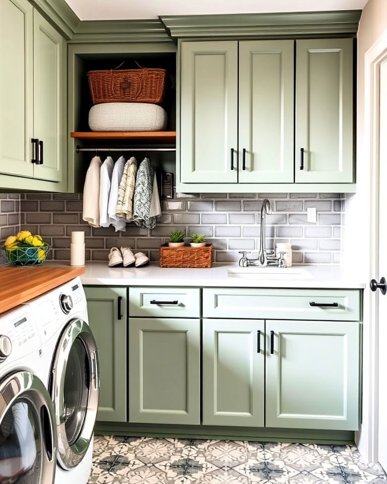 create sage green built in folding station - 15 Sage Green Laundry Room Ideas