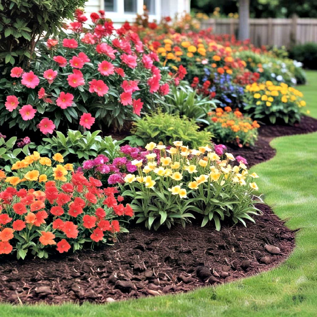 create vibrant flower border with mulch - 30 Front Yard Landscaping Ideas With Rocks and Mulch