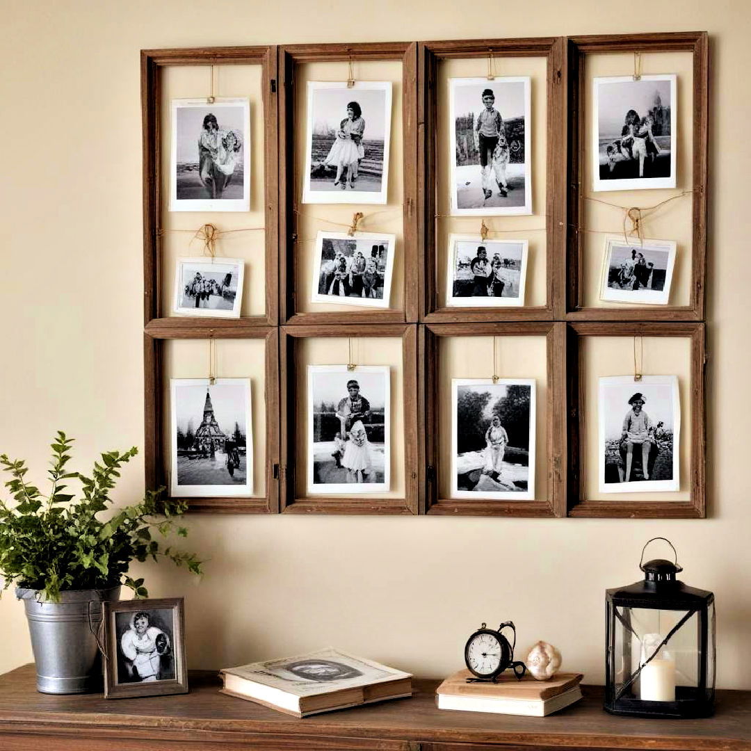 create vintage display with window pane frame - 40 Photo Wall Ideas