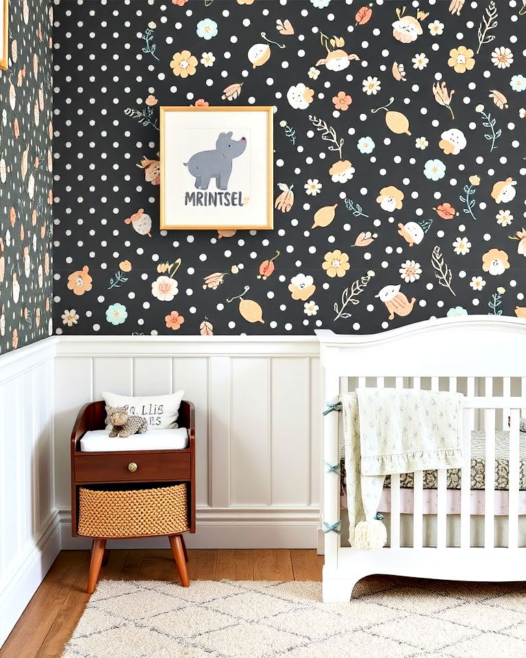 creative wainscoting with wallpaper accent - 15 Wainscoting Nursery Ideas