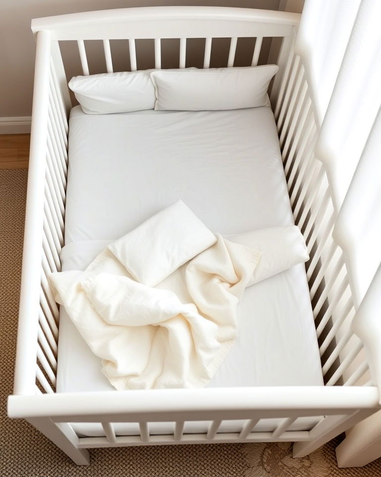 crib with layered white bedding - 15 White Nursery Ideas