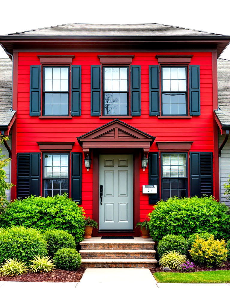 crimson red house exterior with black shutters - 20 Dark Red House Exterior Ideas