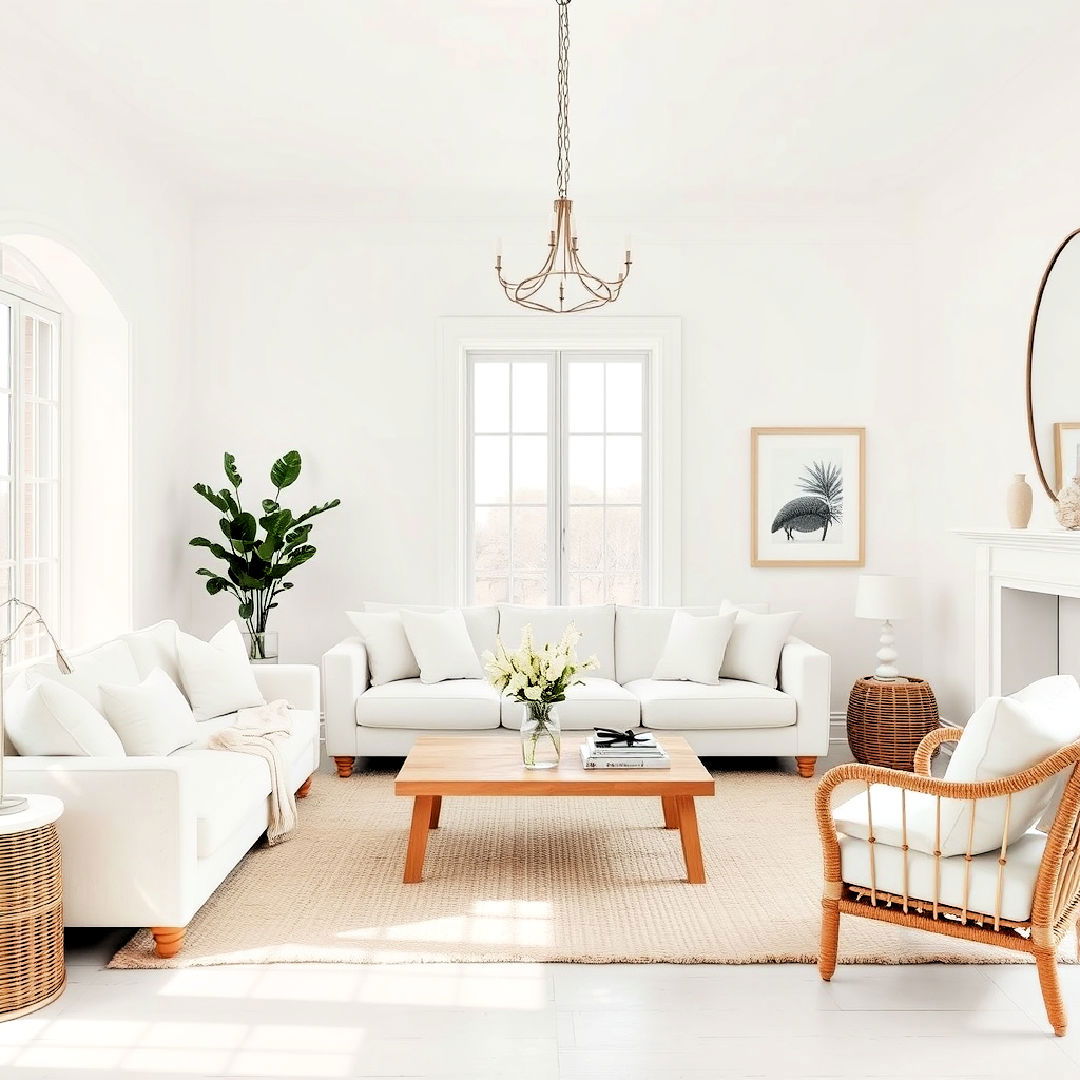 crisp white and ivory layers ideas - 25 Monochromatic Living Room Ideas