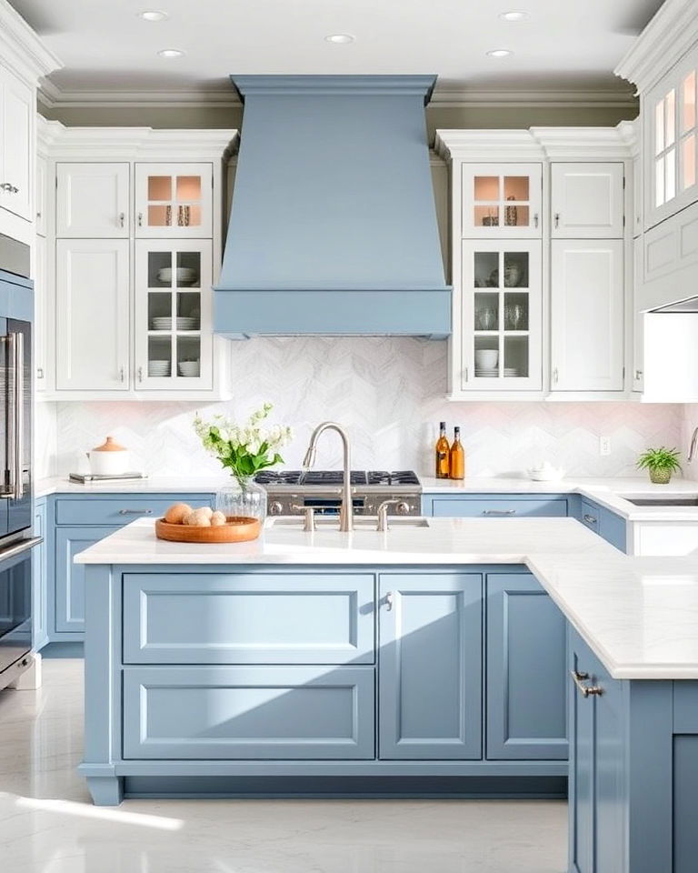 crisp white cabinets and muted blue island - 30 White Kitchen Cabinets With Blue Island