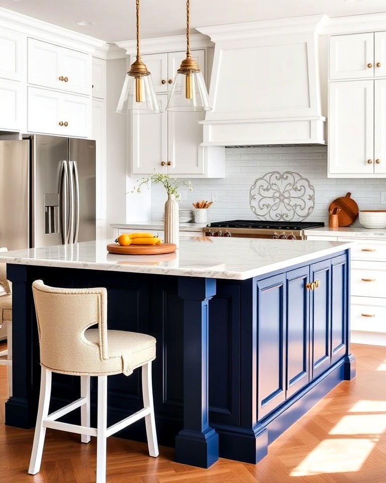 crisp white cabinets and navy contrast island - 30 White Kitchen Cabinets With Blue Island