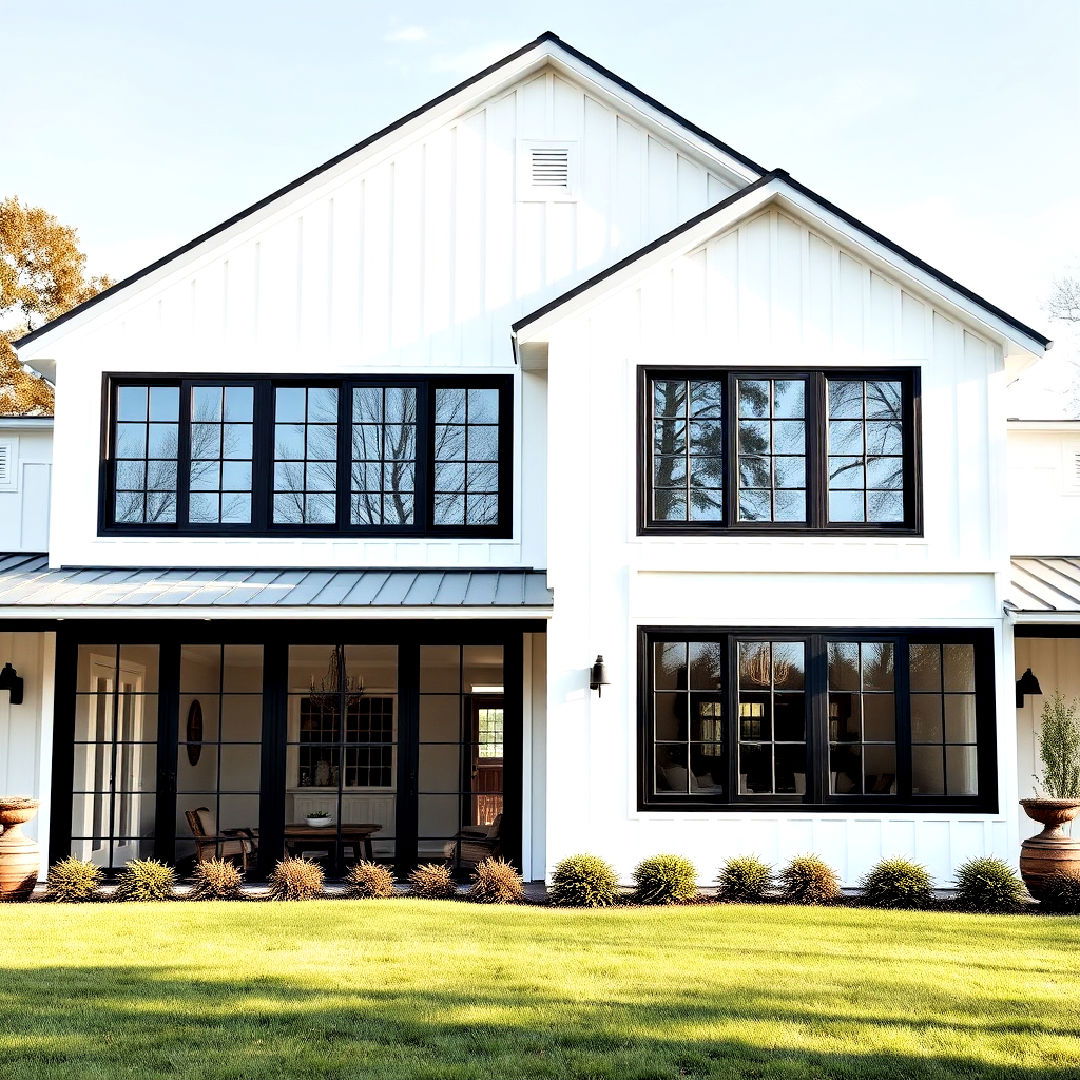 crisp white farmhouse with black framed picture windows - 25 White Farmhouse With Black Windows Ideas