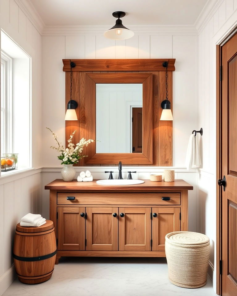 crisp white walls and rustic wood accents - 15 Brown and White Bathroom Ideas