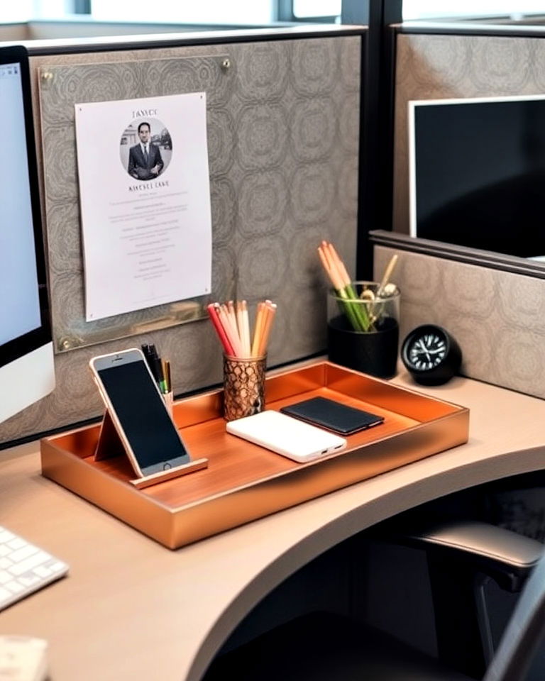cubicle with desk tray for essentials - 30 Cubicle Decor Ideas