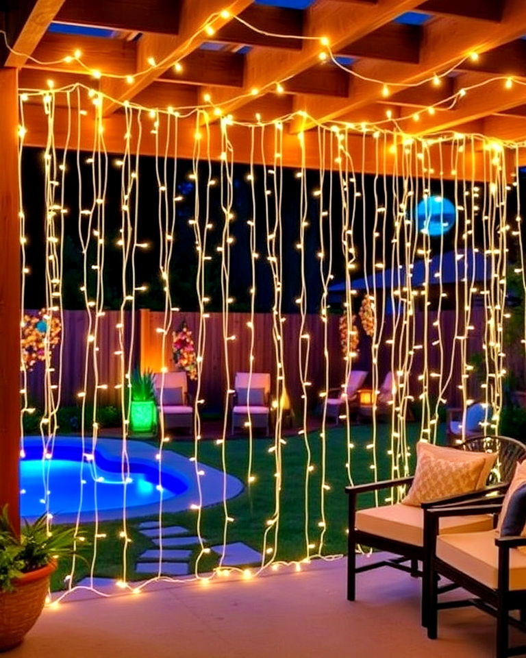 curtain lights to create dramatic backdrop - 40 Backyard Lighting Ideas