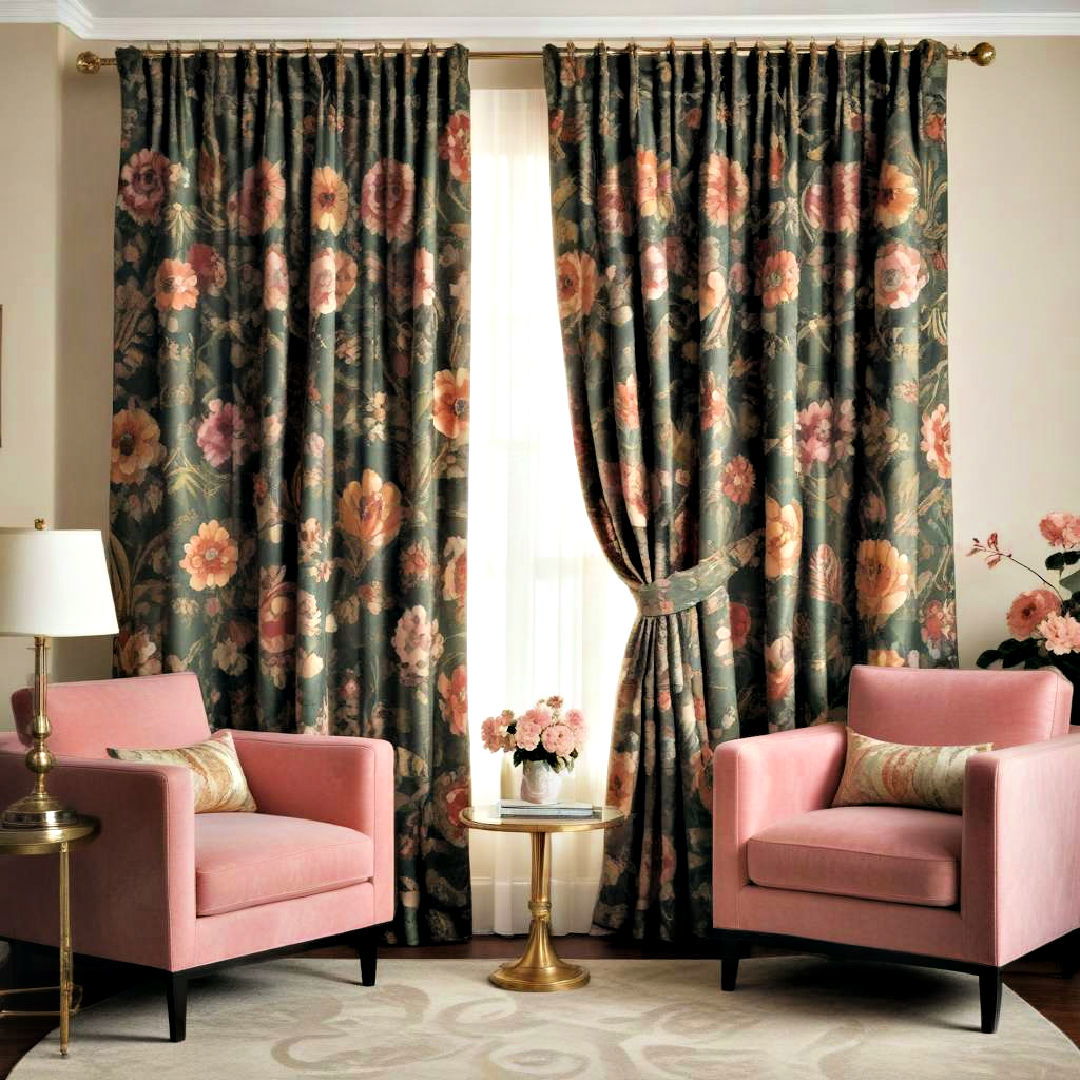 curtains with floral motifs - 25 Art Deco Living Room Ideas