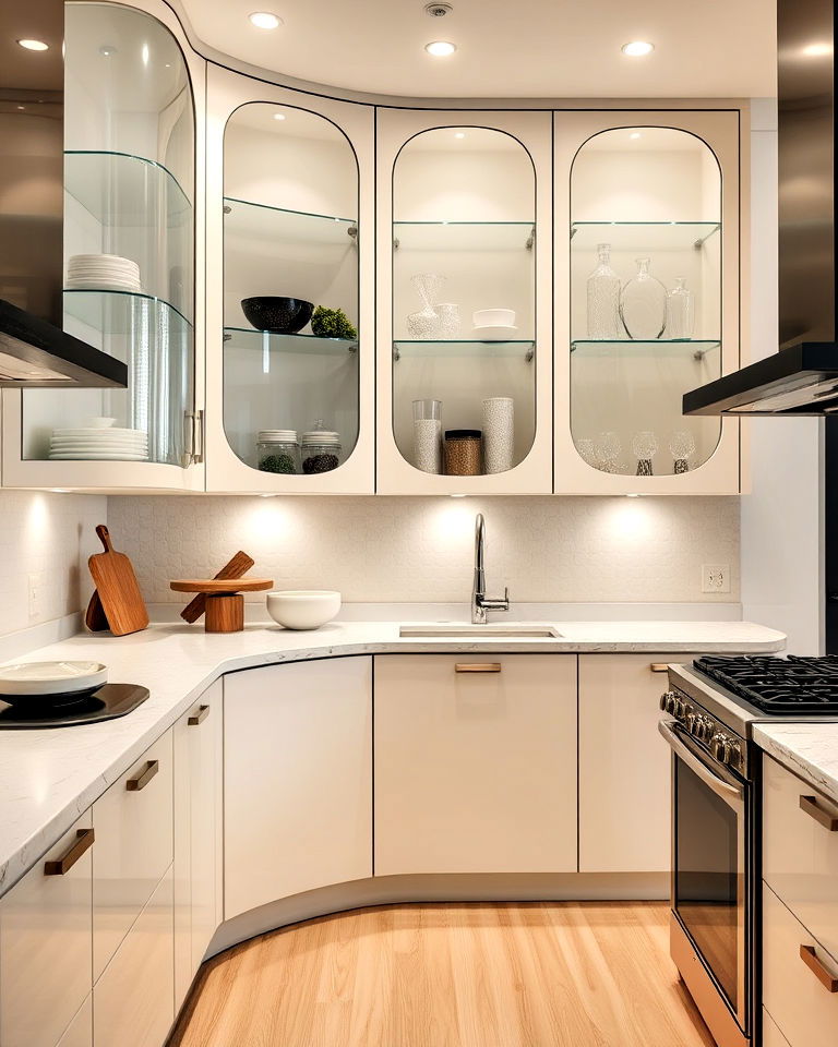 curved glass cabinets for art deco feel - 20 Modern Style Glass Kitchen Cabinets
