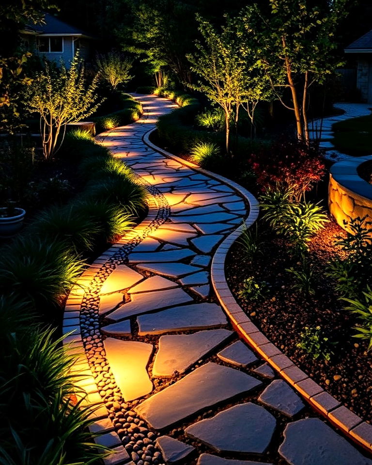 curved pathway with landscape lighting - 25 Curved Walkway Ideas