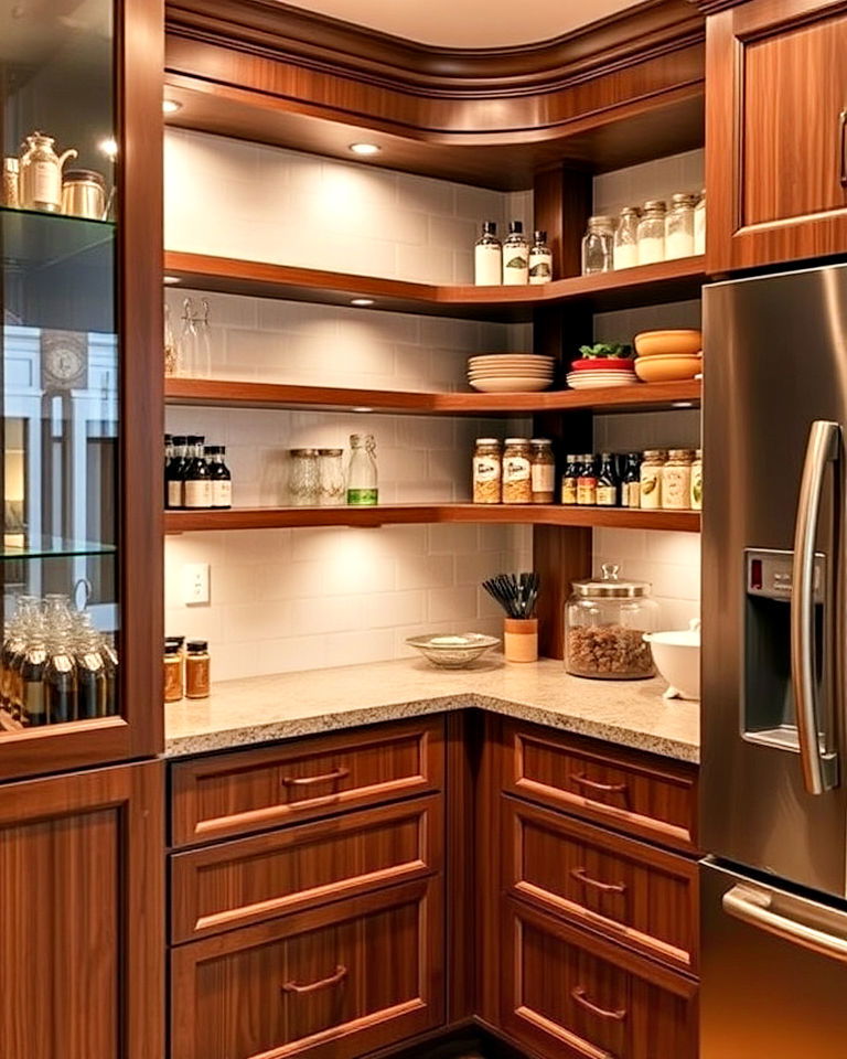 curved shelving unit to stay organized - 25 Blind Corner Kitchen Cabinet Ideas