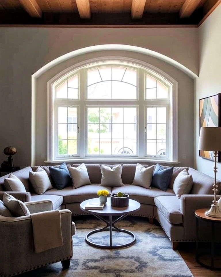 curved sofa in front of bay window - 20 Couch in Front of Window Ideas