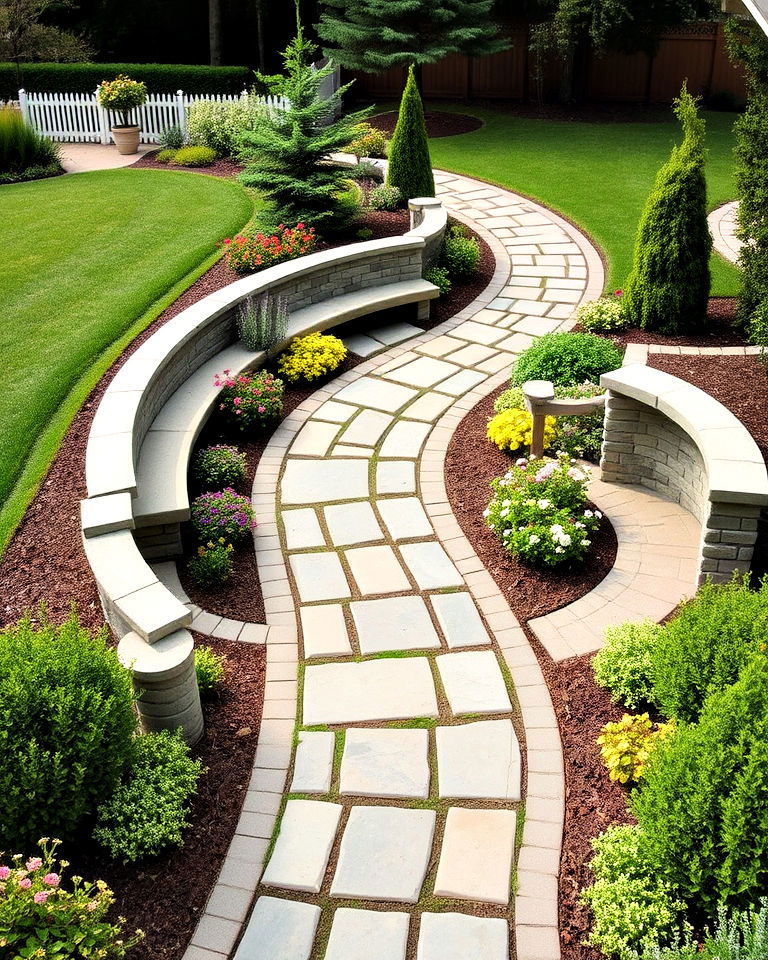 curved walkway with small alcoves for seating - 25 Curved Walkway Ideas