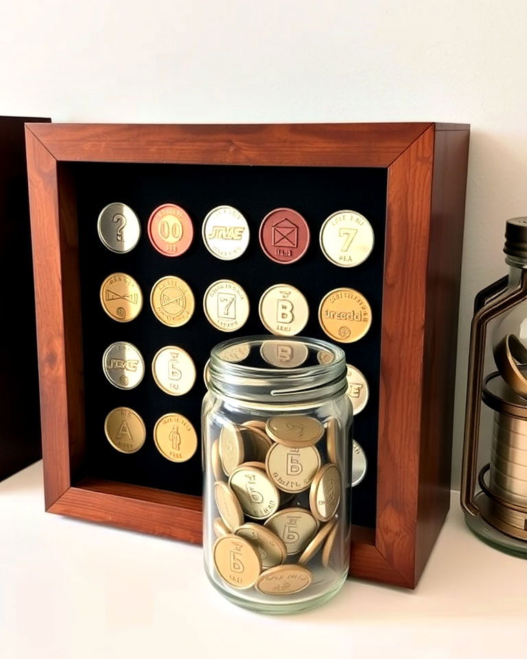customized arcade tokens display - 30 Retro Game Room Ideas
