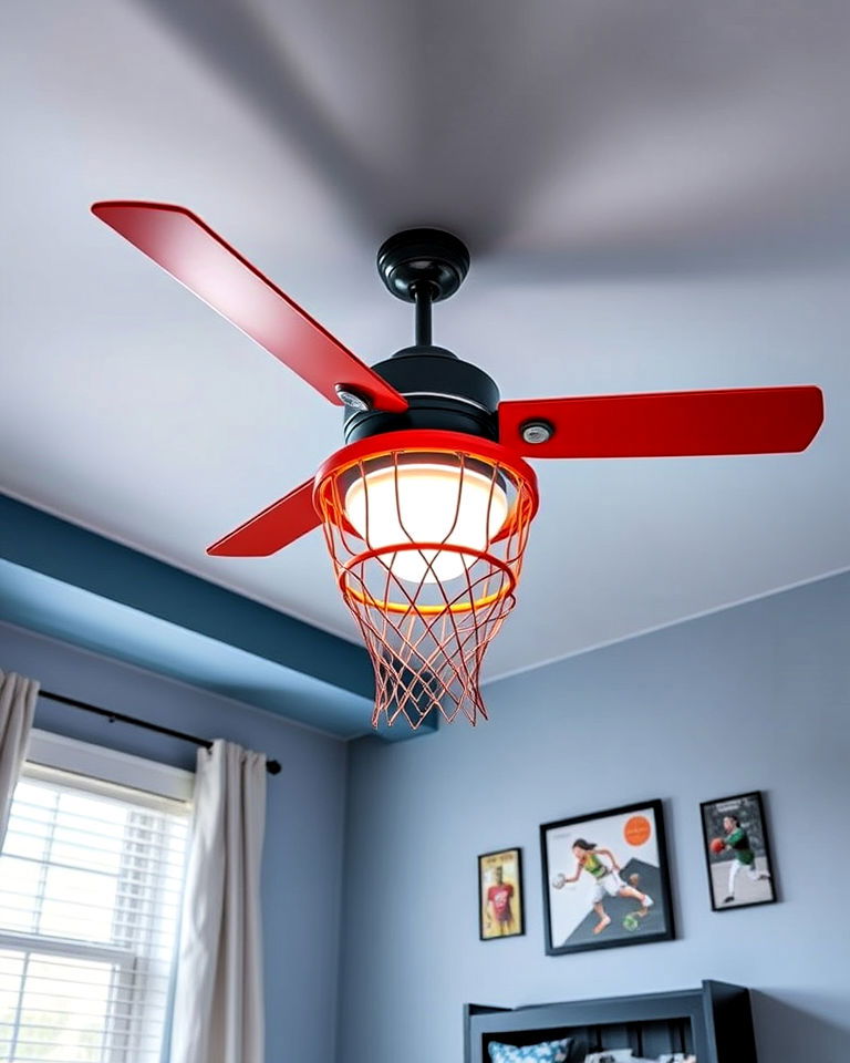customized hoop inspired ceiling fan - 25 Basketball Room Decor Ideas