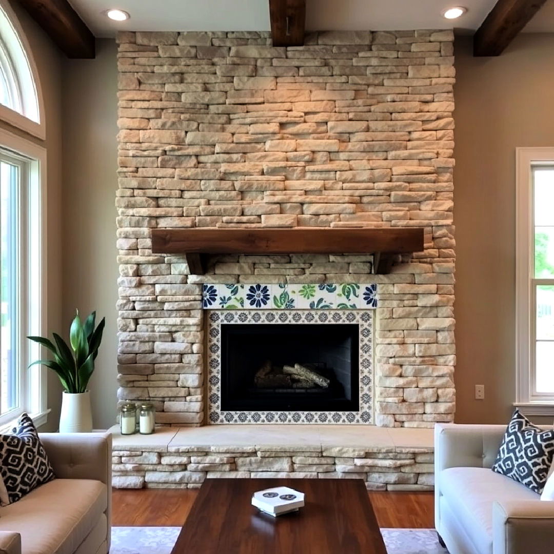 customized stacked stone fireplace with tile inlays - 25 Stacked Stone Fireplace Ideas