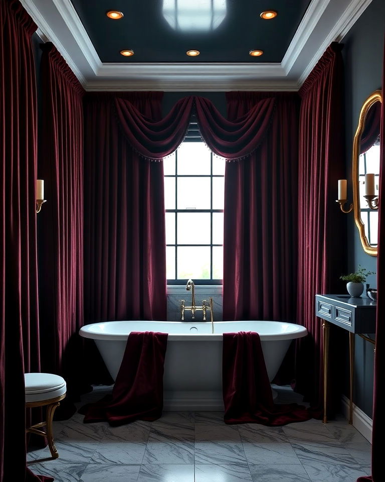dark academia bathroom with velvet curtains - 20 Dark Academia Bathroom Ideas