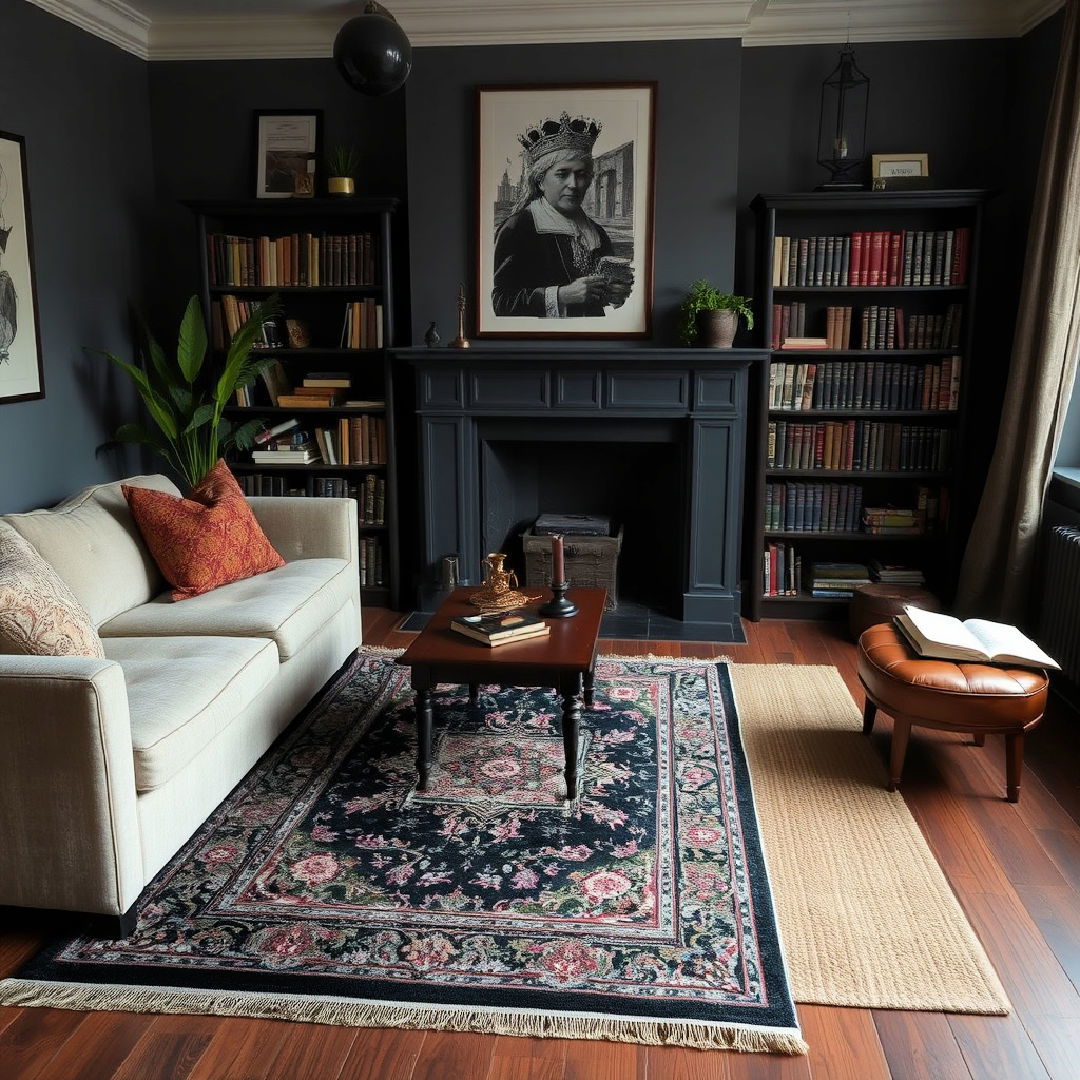 dark academia bedroom with layered rugs - 25 Dark Academia Bedroom Ideas