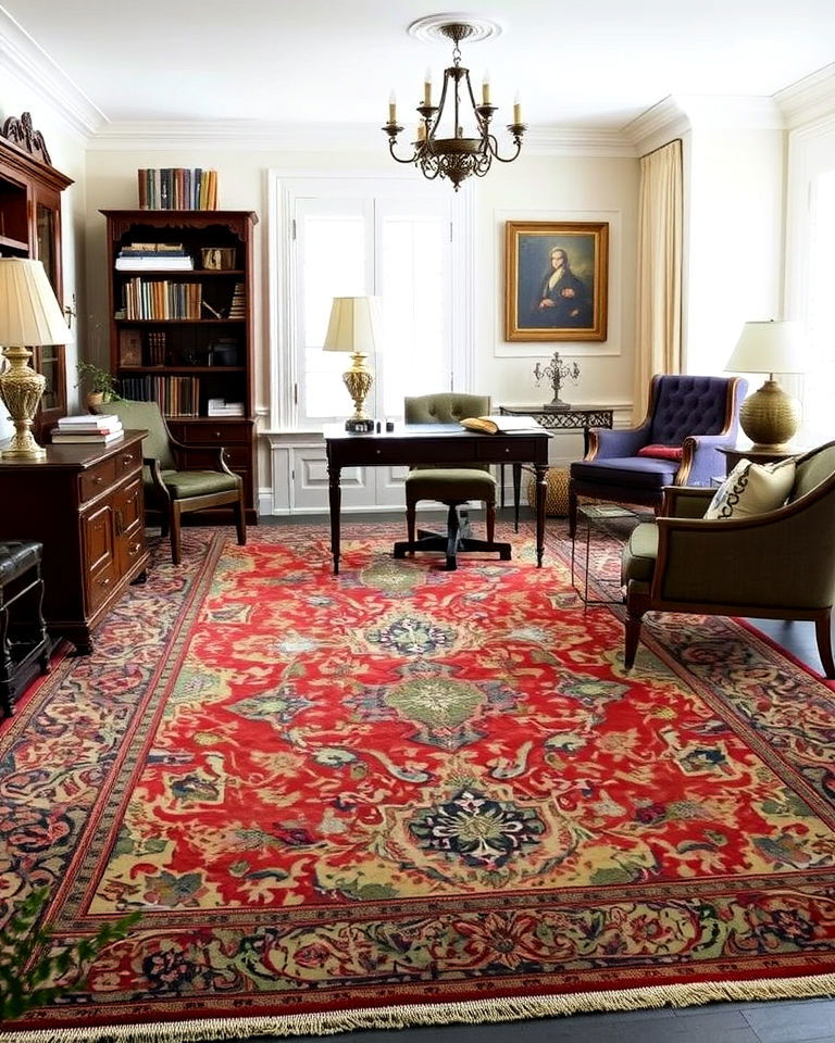 dark academia home office with antique rug - 20 Dark Academia Home Office Ideas