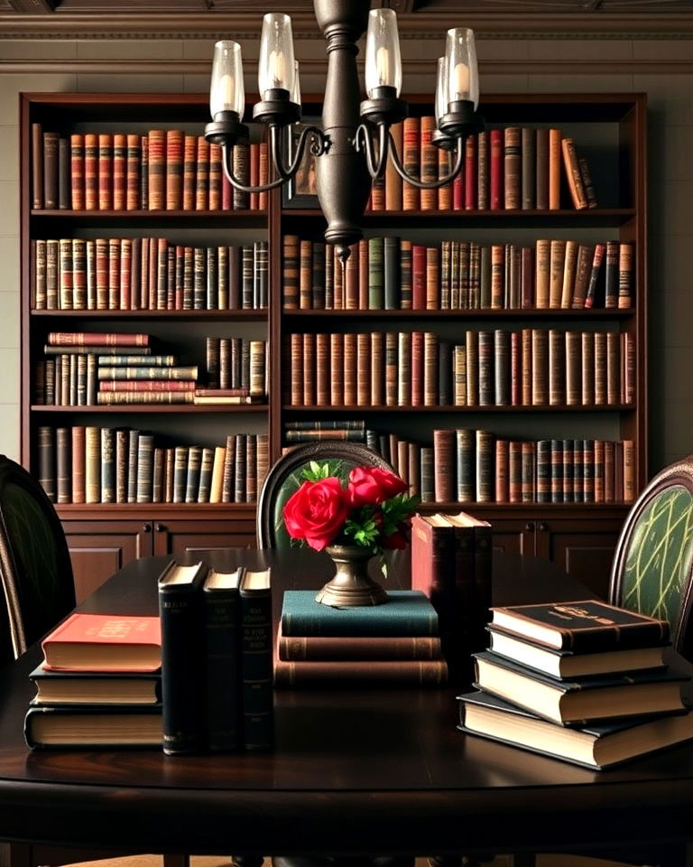 dark academia style vintage book display - 20 Dark Academia Dining Room Ideas