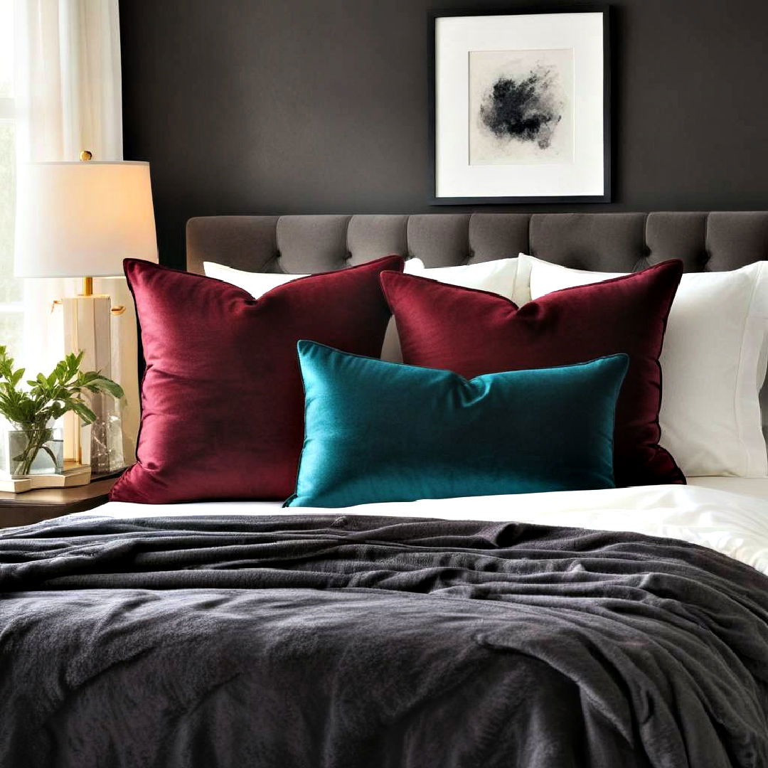 dark accent pillows to enhance comfort - 25 Dark Bedroom Ideas