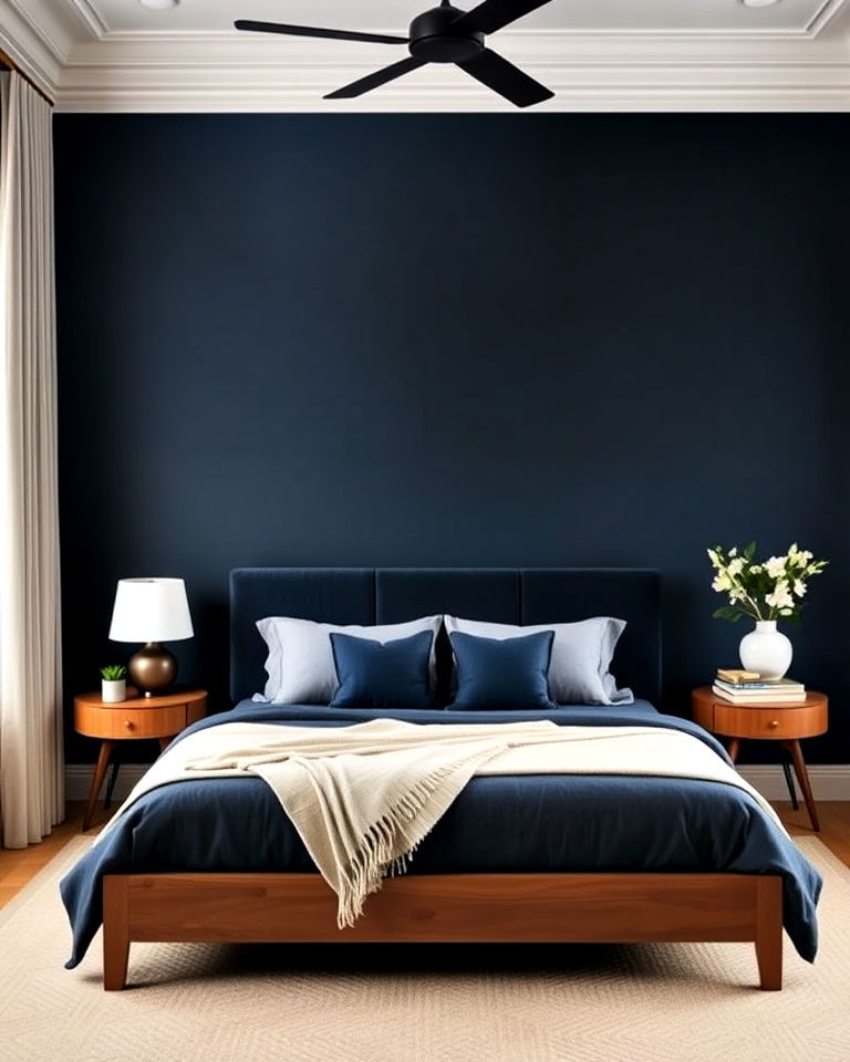 dark blue accent wall - 30 Dark Blue Bedroom Ideas