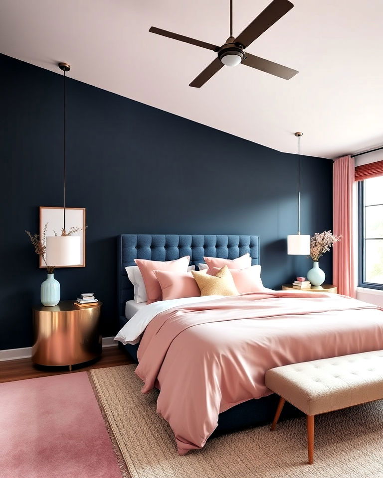 dark blue bedroom and blush pink accents - 30 Dark Blue Bedroom Ideas