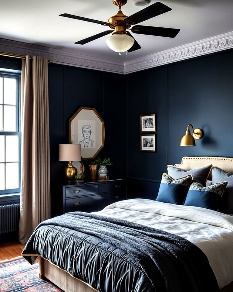 dark blue bedroom and brass light fixture - 30 Dark Blue Bedroom Ideas