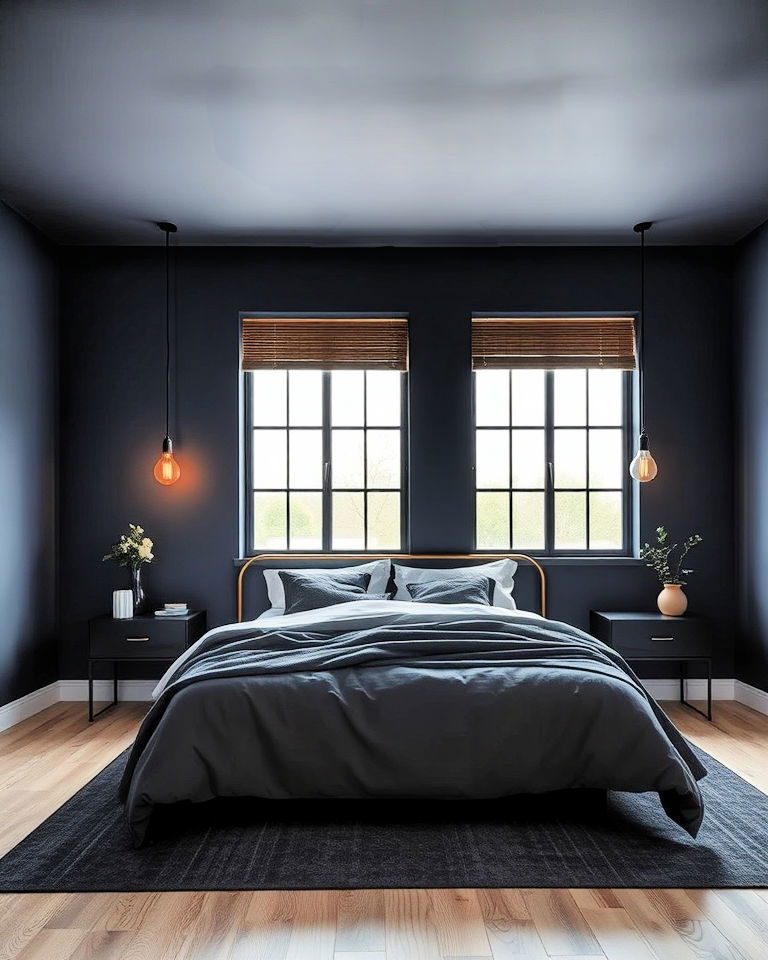 dark blue bedroom with industrial lighting - 30 Dark Blue Bedroom Ideas
