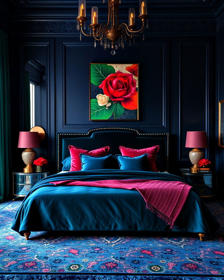dark blue bedroom with luxurious jewel tones - 30 Dark Blue Bedroom Ideas