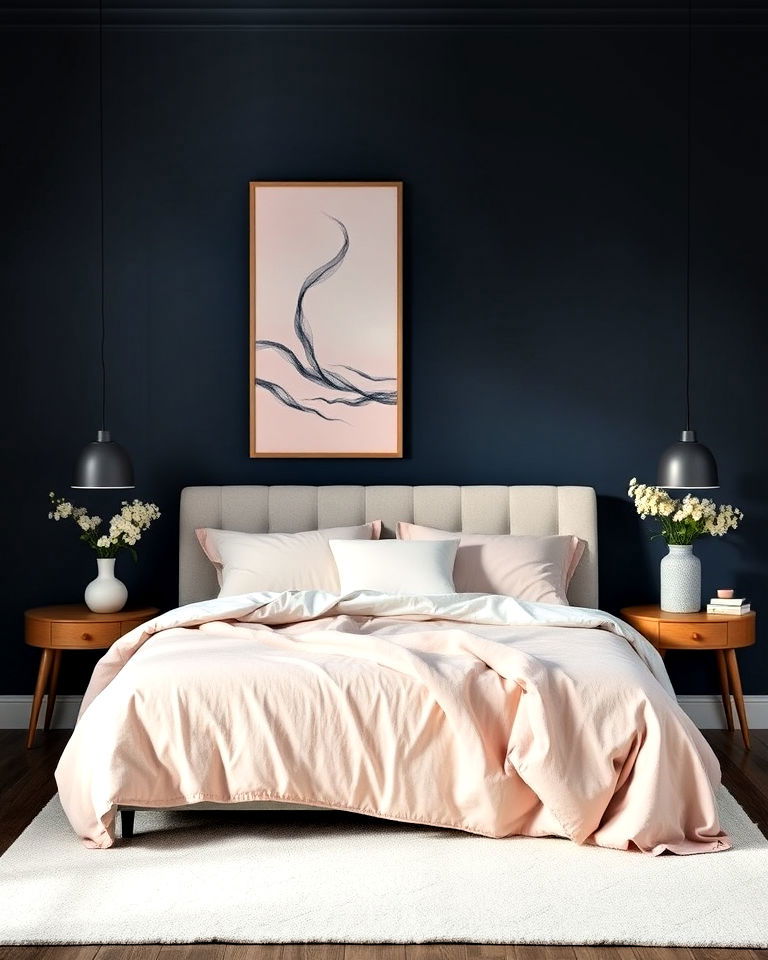 dark blue bedroom with pastel accents - 30 Dark Blue Bedroom Ideas