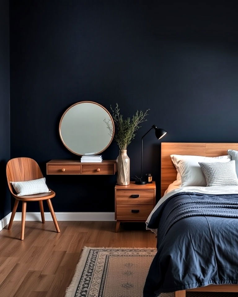 dark blue bedroom with wooden accents - 30 Dark Blue Bedroom Ideas