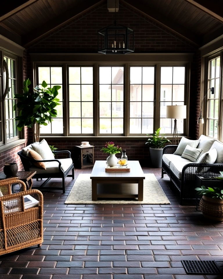 dark brick for sunroom flooring - 20 Brick Floor Sunroom Ideas