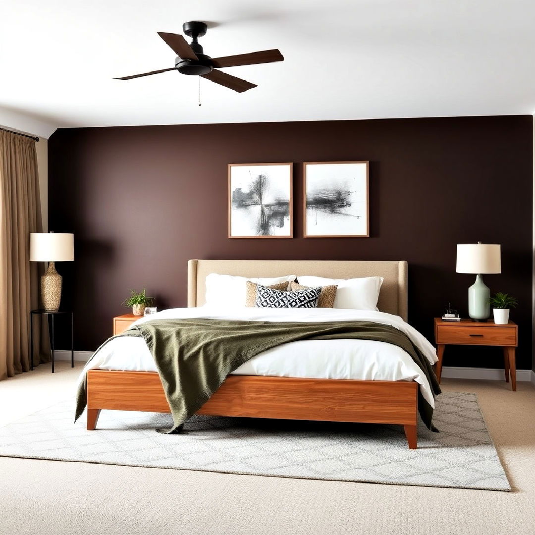 dark brown accent wall with natural wood furniture - 25 Brown Bedroom Ideas