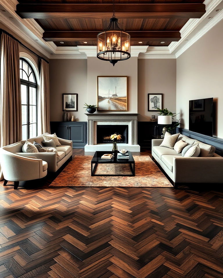 dark brown herringbone wood floor for living room - 30 Dark Brown Floor Living Room Ideas