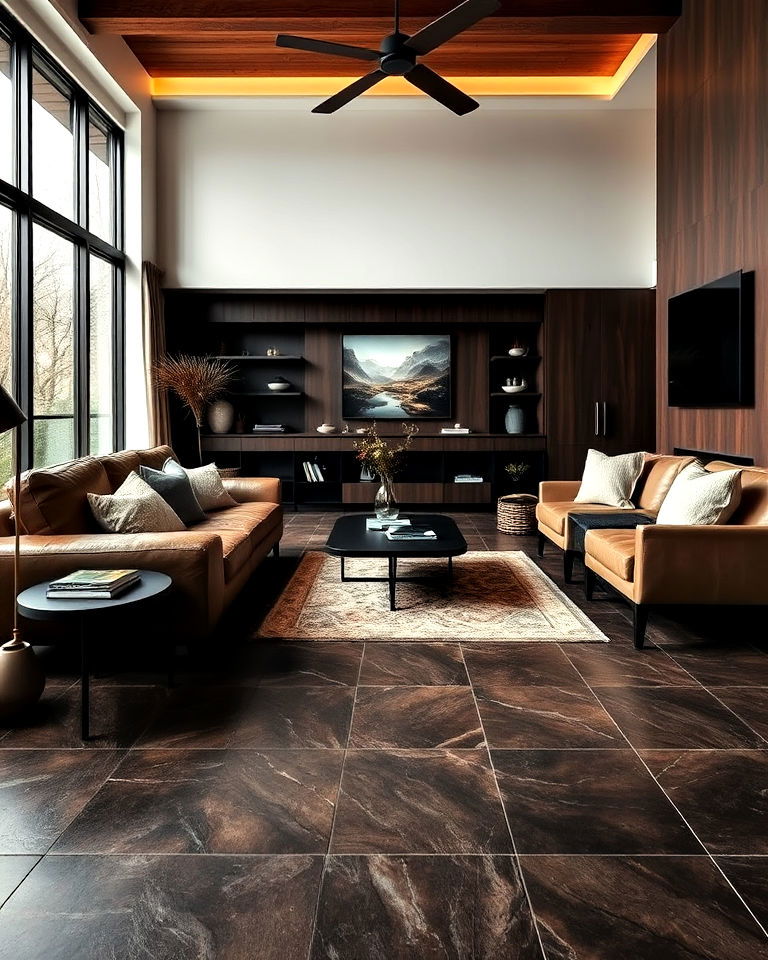 dark brown leather tiles floor for living room - 30 Dark Brown Floor Living Room Ideas