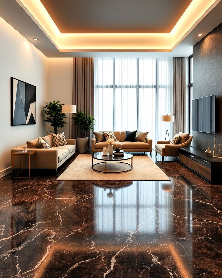 dark brown marble look porcelain floor - 30 Dark Brown Floor Living Room Ideas