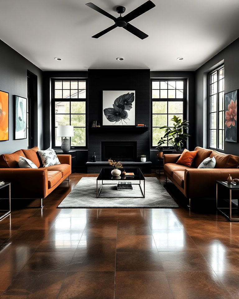 dark brown painted concrete to add artistic touch - 30 Dark Brown Floor Living Room Ideas
