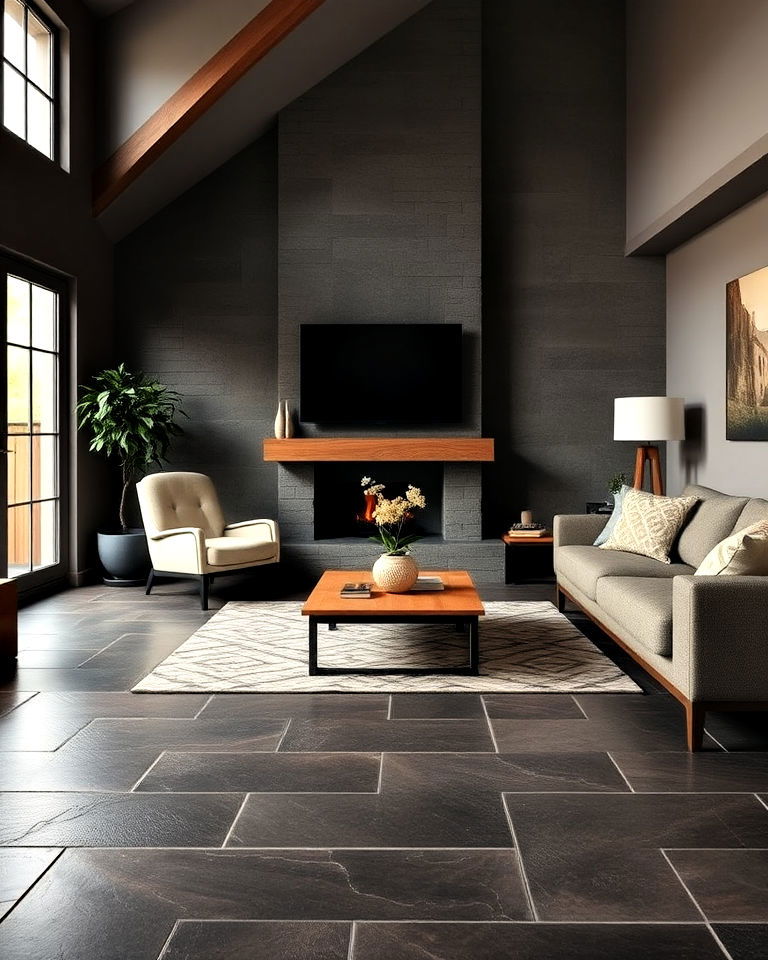 dark brown slate flooring for living room - 30 Dark Brown Floor Living Room Ideas